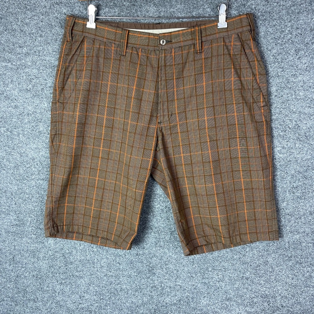 Kavu Mens 38 Brown Orange Plaid Check Chino Shorts Rayon Spandex Stretch